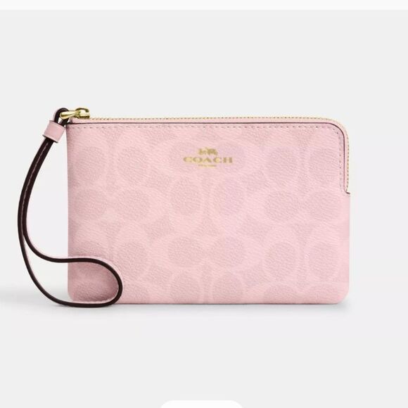 Coach Corner Zip Wristlet In Signature Canvas Powder Pink Wallet Bag Purse - Picture 7 of 8